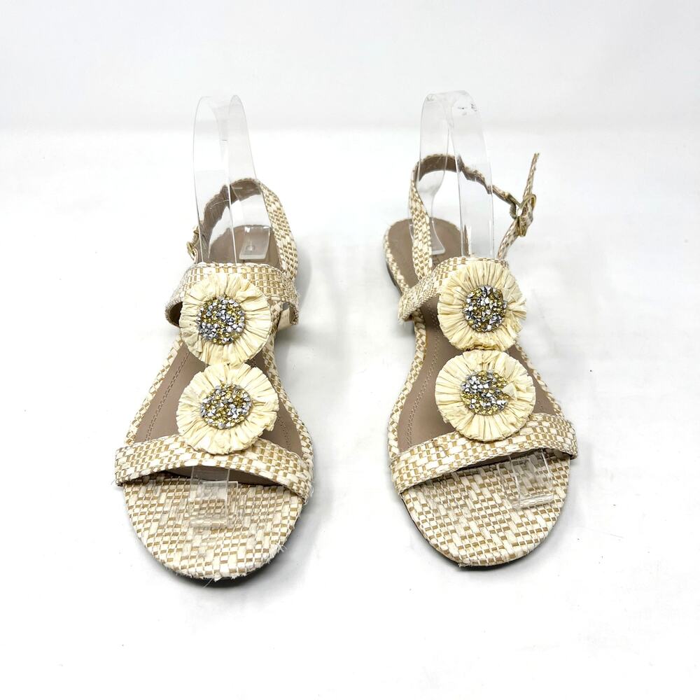 [Charter Club] Tan Cream Zooey Woven Raffia T-Strap Floral Slingback Sandals 8